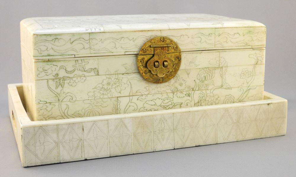 Chinese Tessellated Bone Box & Tray, 10 1/2" & 12" Width.: Chinese Tessellated Bone Box & Tray, 10 1/2" & 12" Width.