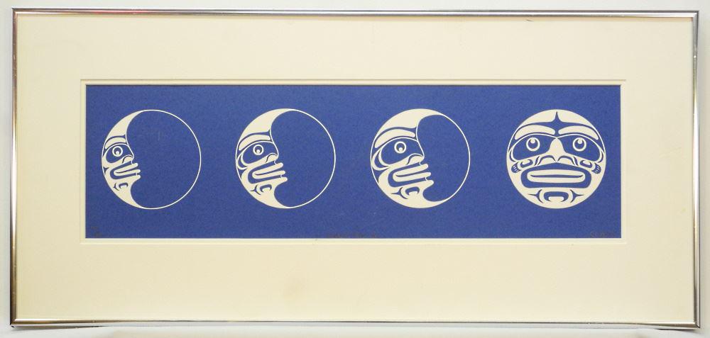 Kwagiulth Serigraph 171/300 Signed Cal Hunt, 6 1/4" x 21 1/2", "Kwagut Moon".: Kwagiulth Serigraph 171/300 Signed Cal Hunt, 6 1/4" x 21 1/2", "Kwagut Moon".