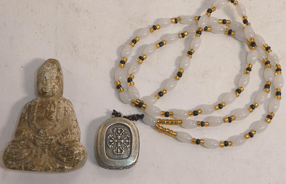 Oriental hardstone Buddha Figure with Shrine, H 2 1/4". (1 of 4)