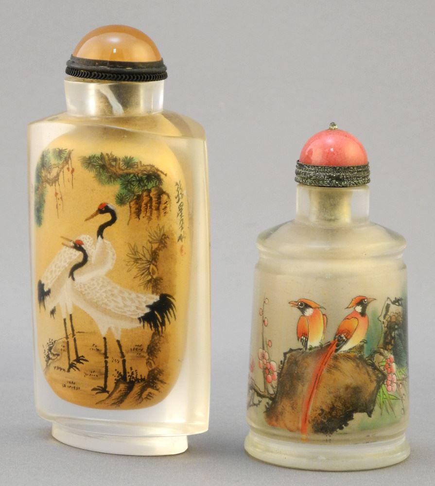 2 20th C. Rock Crystal Inside Painted "Birds & Cranes" Snuff Bottles, 4" & 2 1/2". (1 of 9)