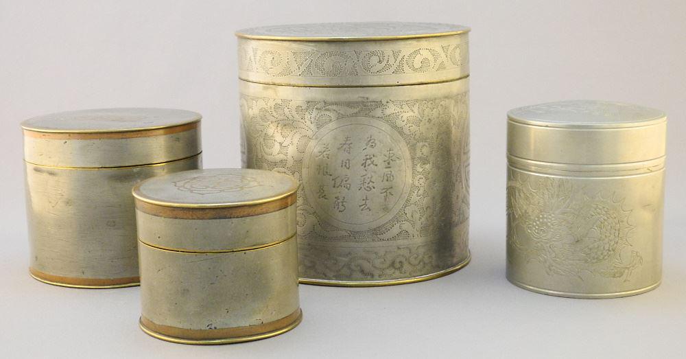 4 Chinese Pewter Tea Containers, 2 5/8" - 5 1/8". (1 of 5)