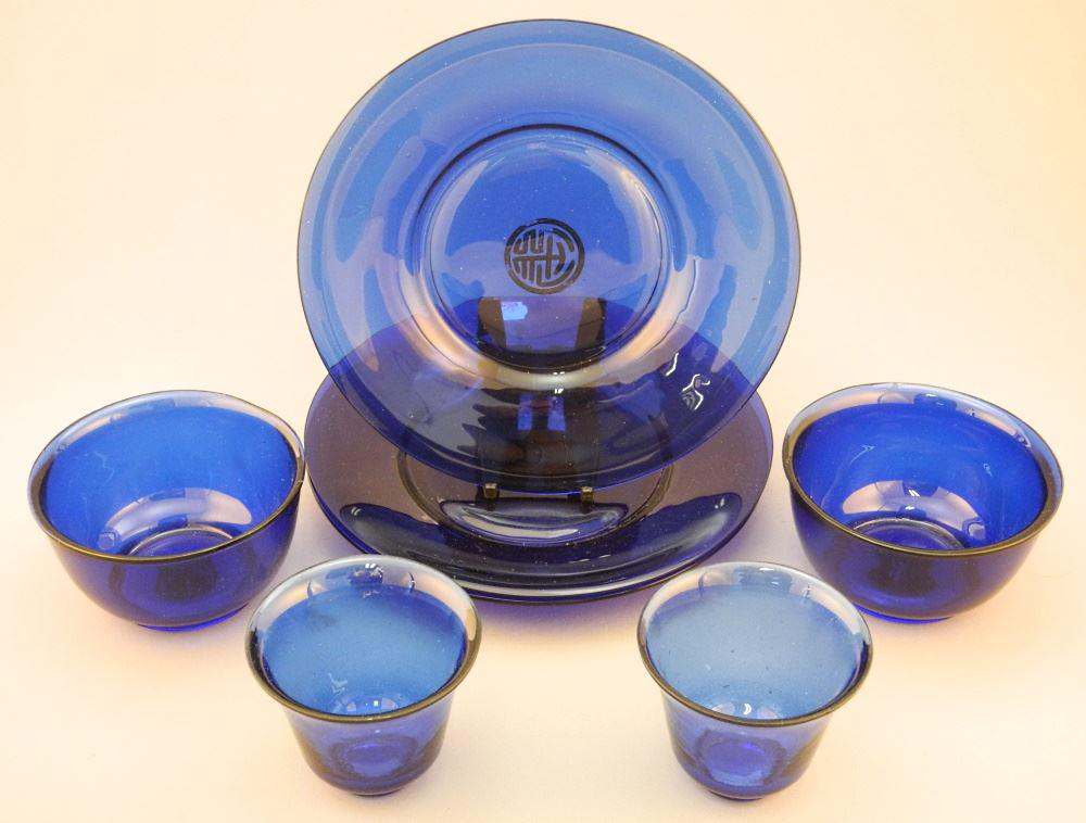 Collection of Cobalt Blue Peking Glass Dishes with Gilt Decoration Shou Symbols, 8"d. (1 of 8)