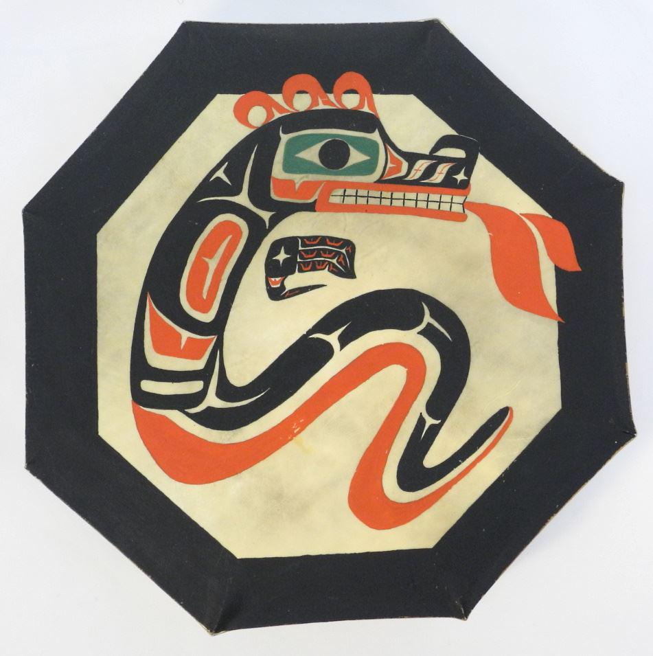 Nuu-Chah-Nulth "Lightning Snake" Drum, 16 1/2"d.: Nuu-Chah-Nulth "Lightning Snake" Drum, 16 1/2"d.