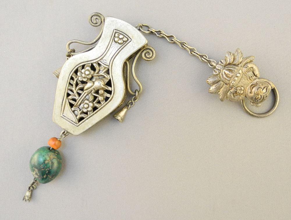 Chinese Silver Alloy Vase Form Needle Case with Malachite Bead, 6 1/2"l. (1 of 4)