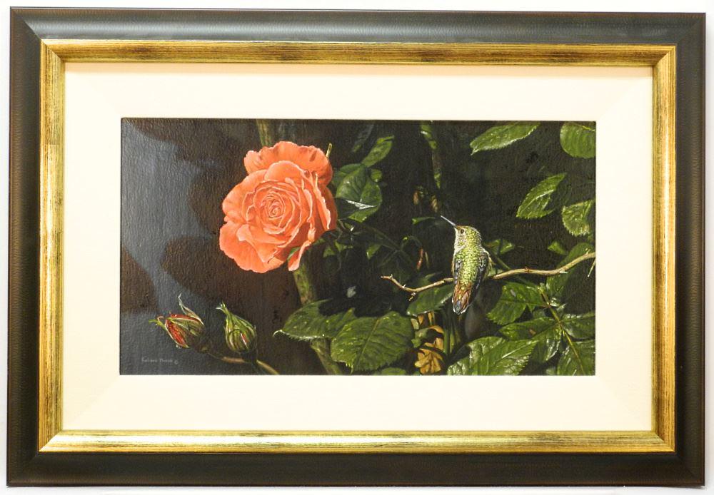 Oil on Board Signed Richard Mravik, 10 3/8" x 19 3/8", "Blossom & Hummingbird". (1 of 5)
