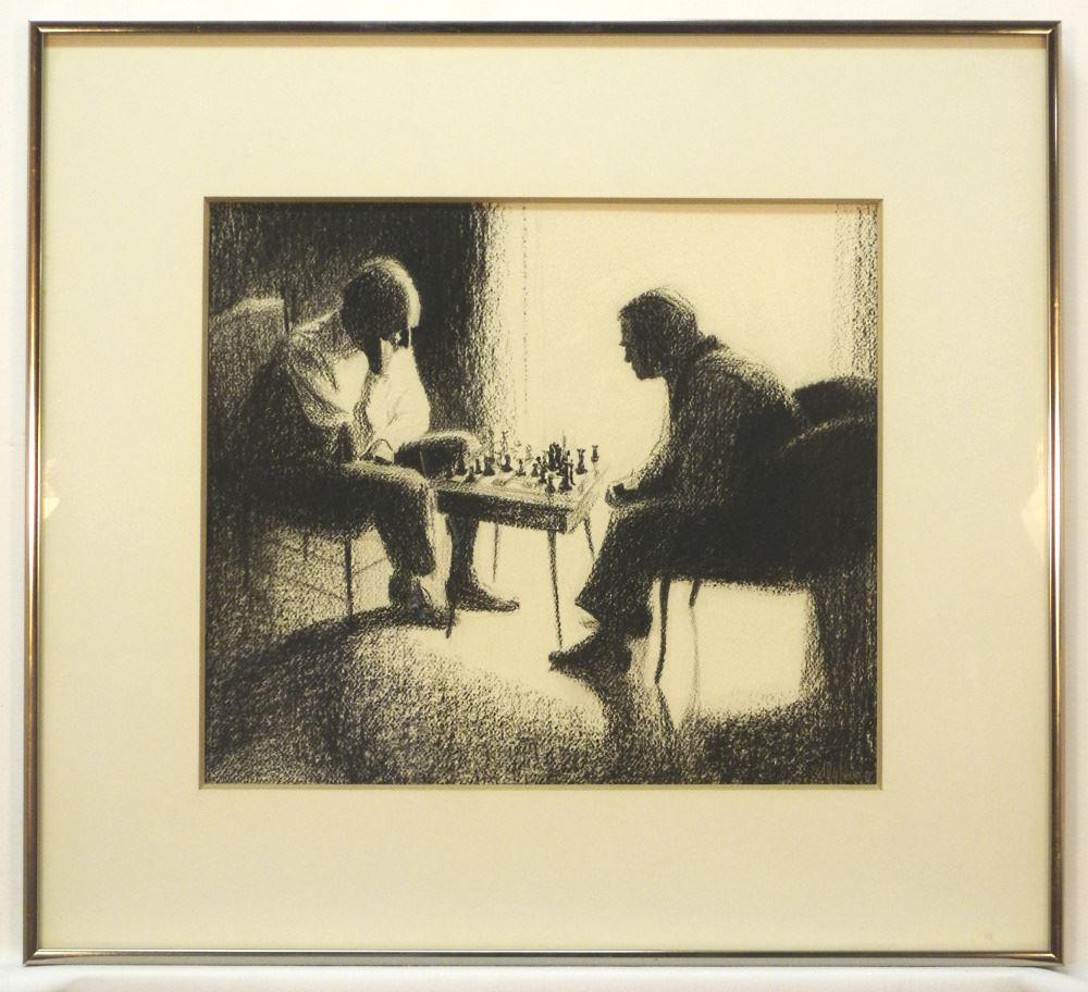 Charcoal on Paper Signed Myfanwy (Pavelic), 13" x 15", "Chess 1973".: Charcoal on Paper Signed Myfanwy (Pavelic), 13" x 15", "Chess 1973".
