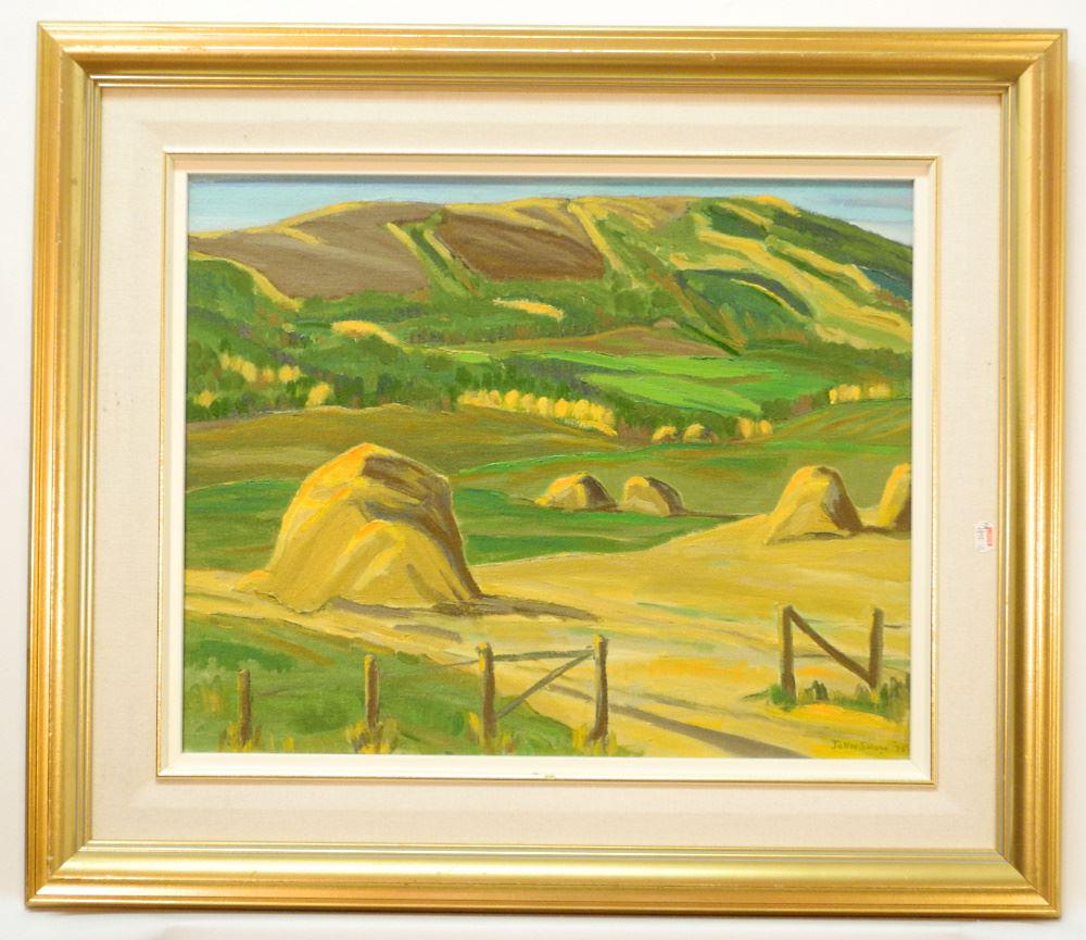 Oil Canvas Board signed John Snow '75, 15 1/2" X 19 1/2", "Haystacks". (1 of 5)