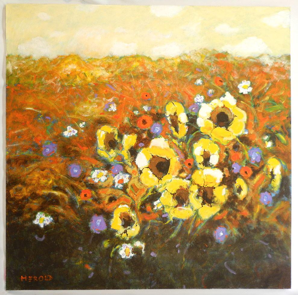 Oil on Canvas Signed (Hans) Herold, 48" x 48", "Water Lilies".: Oil on Canvas Signed (Hans) Herold, 48" x 48", "Water Lilies".