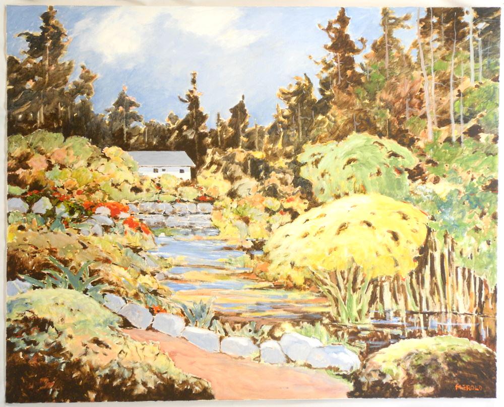 Oil on Canvas Signed (Hans) Herold, 48" x 60", "Pond '96".: Oil on Canvas Signed (Hans) Herold, 48" x 60", "Pond '96".