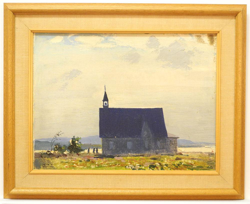 Oil on Board Signed Franklin Arbuckle, 11 3/4" x 16", "Coastal Church". (1 of 13)