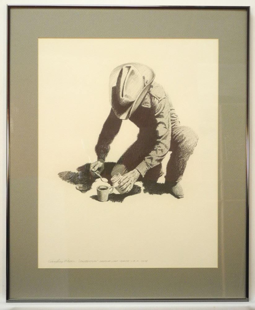 Graphite Drawing Signed Geoffrey Rock, 20" x 16", "Cowboy Study". (1 of 4)