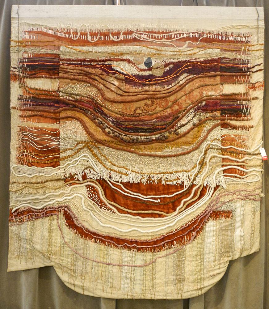 Textile Hanging Signed Carole Sabiston, 67" x 60", "Stratascape 1976", moisture issues.: Textile Hanging Signed Carole Sabiston, 67" x 60", "Stratascape 1976", moisture issues.