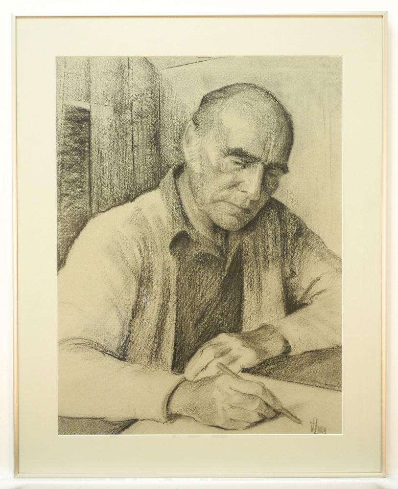 Charcoal on Paper Signed Myfanwy (Pavelic), 22 1/2" x 17", "Niki at His Desk".: Charcoal on Paper Signed Myfanwy (Pavelic), 22 1/2" x 17", "Niki at His Desk".