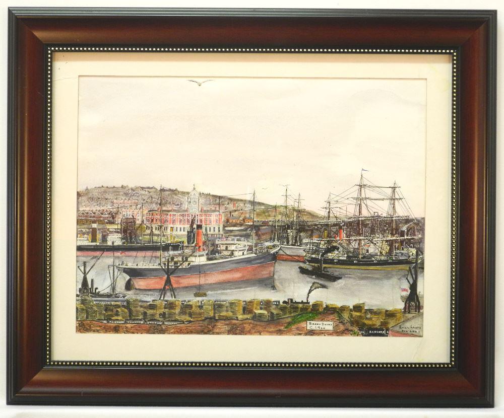 Watercolour and Pencil Signed Brian Lewis 2001, 14 1/4" x 18", "Barry Docks C.1920".: Watercolour and Pencil Signed Brian Lewis 2001, 14 1/4" x 18", "Barry Docks C.1920".
