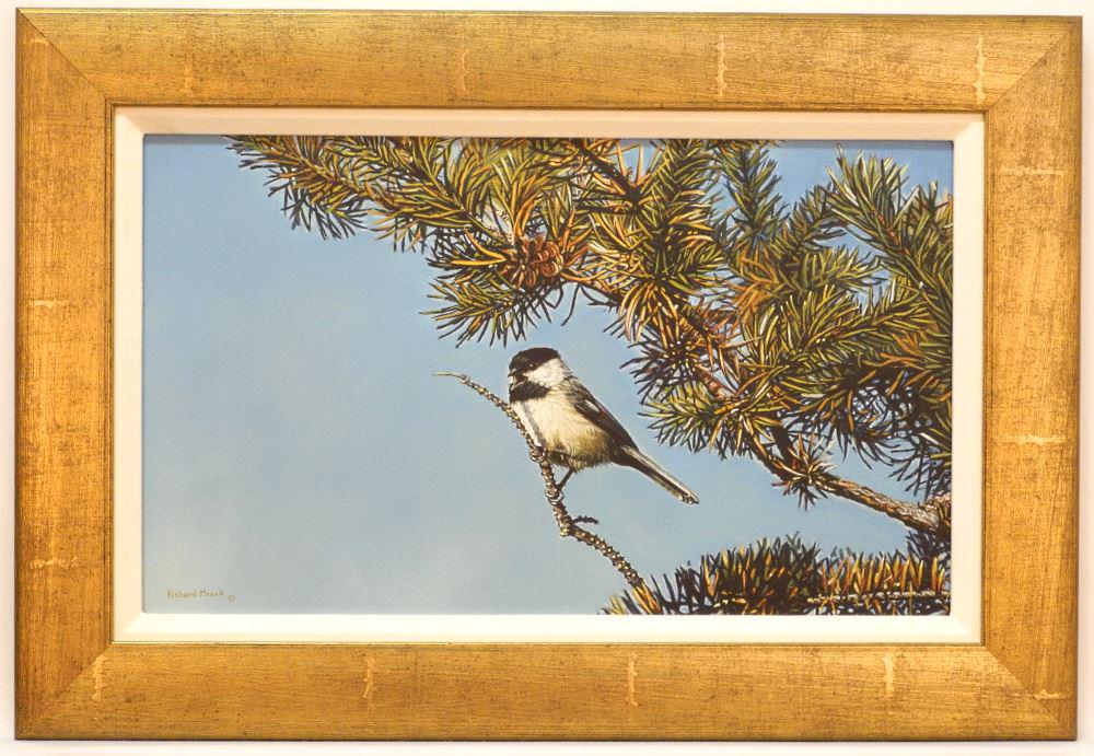 Oil Board Signed Richard Mravik, 9 7/8" X 16 7/8", "Chickadee". (1 of 4)