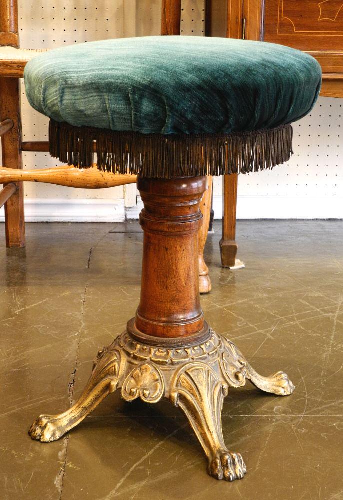 19" C Cast Iron & Mahogany Organ Stool, Approx. 19" H. (1 of 2)