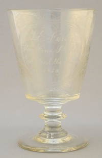 English Engraved Glass Goblet "S.E. Finn Stone Farm St. Peters God Speed The Plough 1856.: English Engraved Glass Goblet "S.E. Finn Stone Farm St. Peters God Speed The Plough 1856.