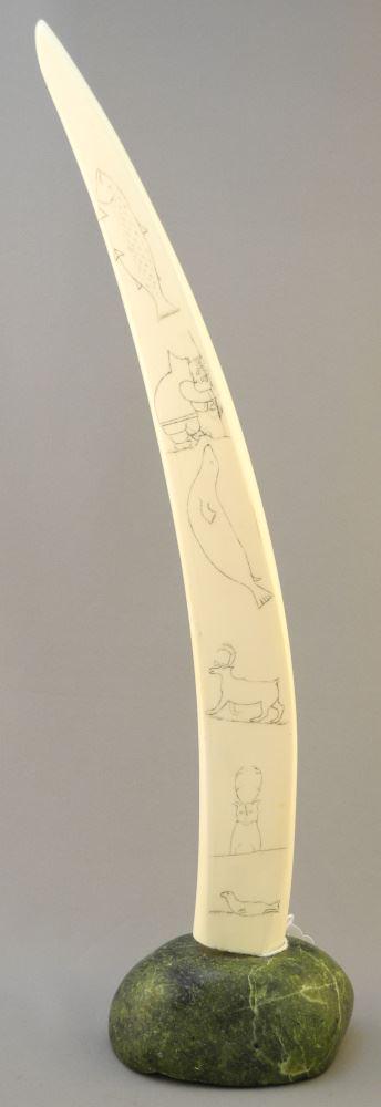 Inuit Engraved Walrus Tusk Section on Stone Base, Unsigned, 17" High., No Export: Inuit Engraved Walrus Tusk Section on Stone Base, Unsigned, 17" High. No Export
