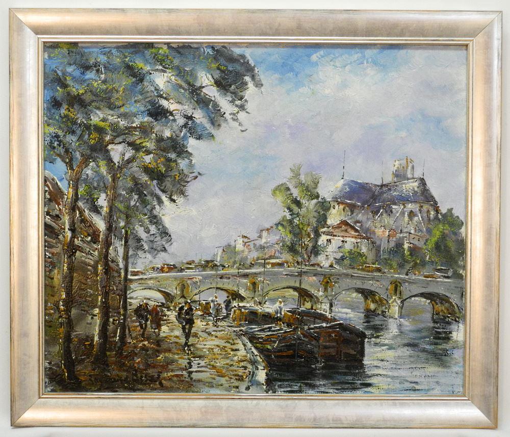 Oil on Canvas Signed Raymond Besse, 18" x 21 3/4", "Parisian Bridge".: Oil on Canvas Signed Raymond Besse, 18" x 21 3/4", "Parisian Bridge".