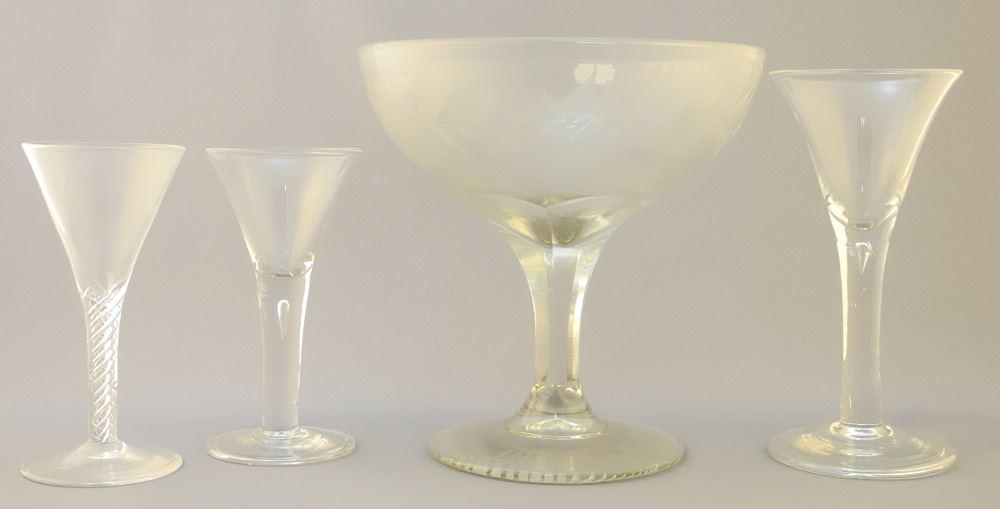 3 English Stem Glasses (5 1/4" - 6 3/4") & Engraved Crystal Compote, 7 1/8". (1 of 4)