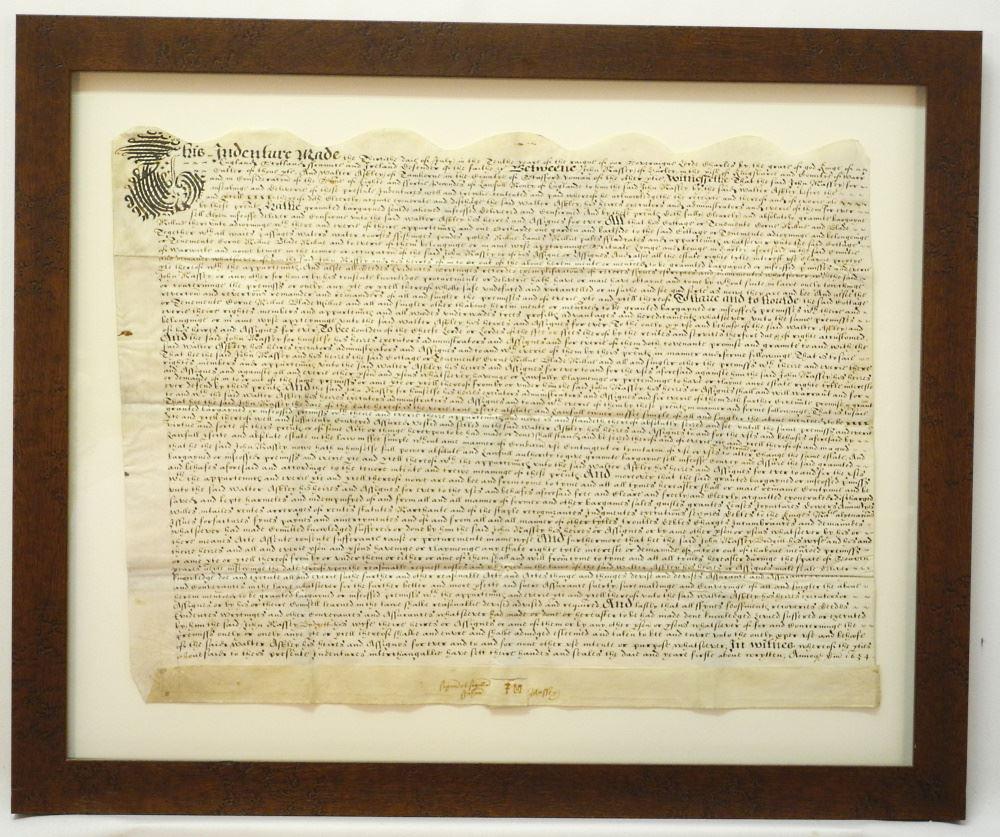 1634 Indenture Reign of Charles 1st, 16 1/2" X 21 3/4".: 1634 Indenture Reign of Charles 1st, 16 1/2" X 21 3/4".