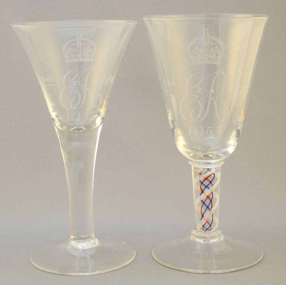 2 Whitefriars ERII Commemorative Stem Glasses; Air Twist #252 & Plain #211 - 8 1/8"h. (1 of 4)