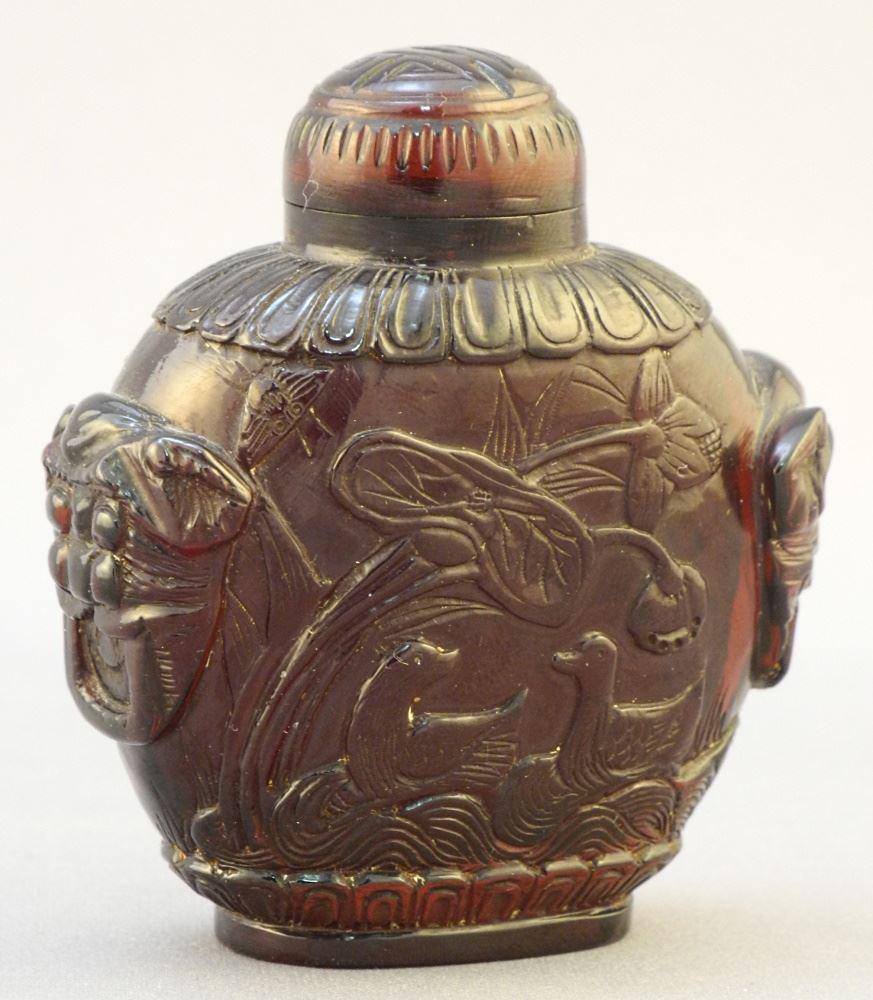 Chinese Carved Amber Snuff Bottle, Inner Rim Noted 2 1/2"H.: Chinese Carved Amber Snuff Bottle, Inner Rim Noted 2 1/2"H.