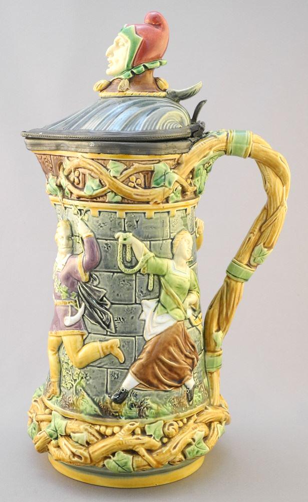 Minton 19th Century Majolica Tankard - some damage.: Minton 19th Century Majolica Tankard - some damage.