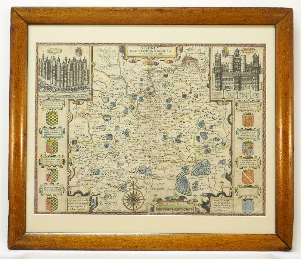 John Speed Map of "Surrey Described & Divided Into Hundreds" C.1610, 14 5/8 x 19 3/4". (1 of 9)