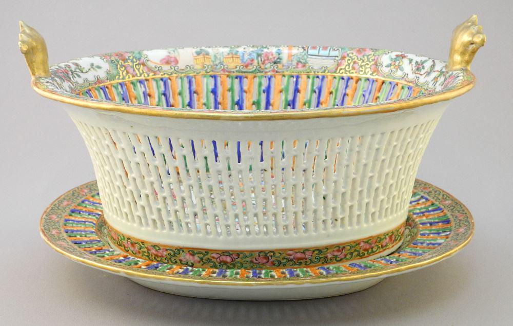 Chinese Rose Mandarin Porcelain Basket and Stand, 6" x 11 1/4" x 9 3/4". (1 of 11)