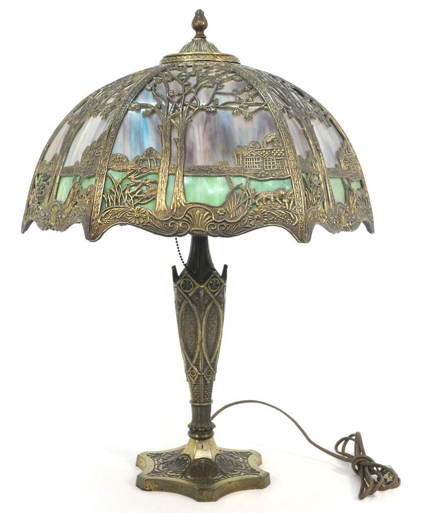 1920's Cast Metal & Coloured Caramel Glass Table Lamp, 24" h. (1 of 9)