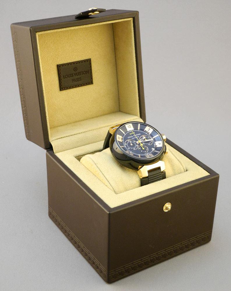 Louis Vuitton Men's Tambour Chronograph Steel & Gold Watch #Q114F, C.2014. (1 of 13)