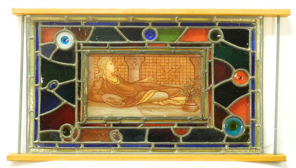 Pre-Raphaelite Style Leaded Glass Panel, secured in frame, 16 1/2" x 28 1/2". (1 of 7)