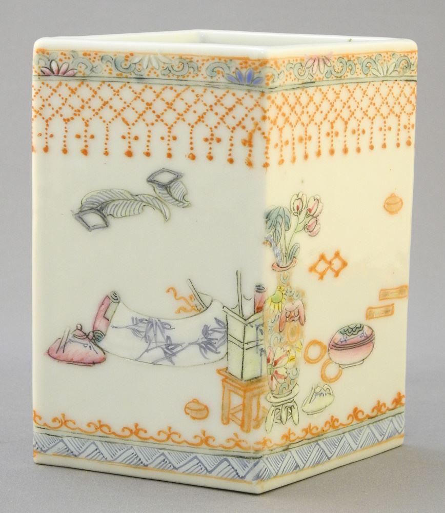 Chinese Famille Rose Porcelain Lozenge Form Brush Pot, 4 1/4"h, overglazed red mark.: Chinese Famille Rose Porcelain Lozenge Form Brush Pot, 4 1/4"h, overglazed red mark.