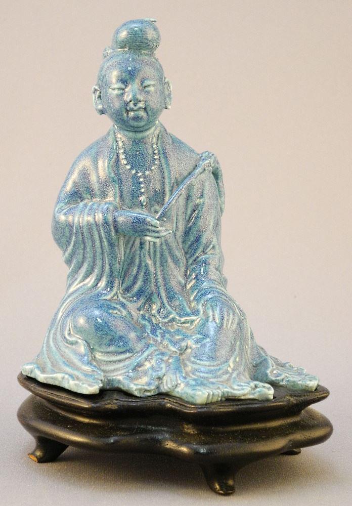 Chinese Qing Robin's Egg Blue Luohan Holding Fuchen with Stand, Figure 4 x 3 3/8 x 3": Chinese Qing Robin's Egg Blue Luohan Holding Fuchen with Stand, Figure 4 x 3 3/8 x 3"