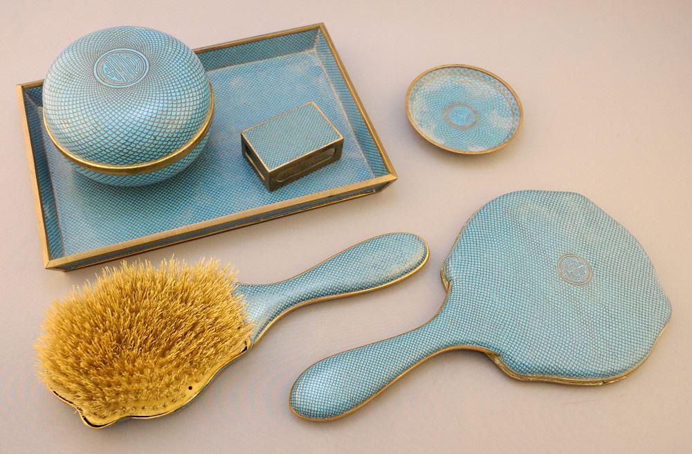 6 Pc. Chinese Blue Ground Cloisonne Dresser Set, Tray 9 1/8" wide. (1 of 8)