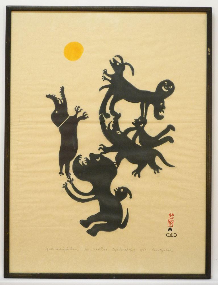 Dorset Stonecut Sig. Anootipalook 1961 29/50, 23 3/4" x 17 3/4", "Spirit Reaching for Moon": Dorset Stonecut Sig. Anootipalook 1961 29/50, 23 3/4" x 17 3/4", "Spirit Reaching for Moon"