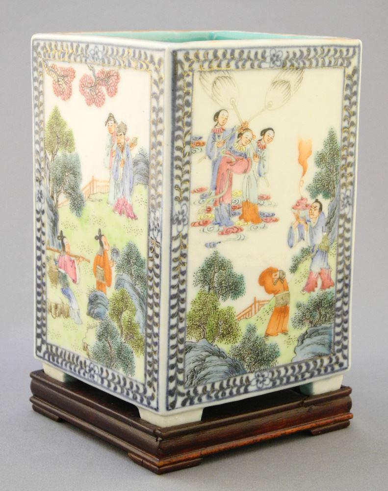 Chinese Famille Rose Porcelain Quadrangular Brush Pot, 4 7/8" x 3 1/4' x 3 1/4". (1 of 11)