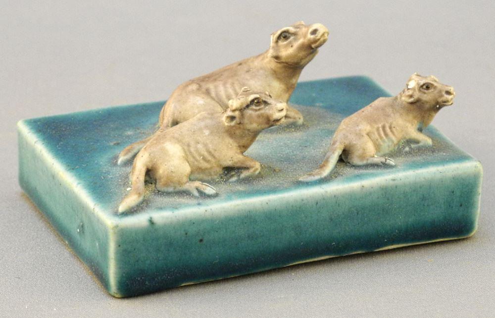 Chinese Porcelain "Three Oxen" Paperweight, Horns & Ears Noted, 1 3/16 x 2 1/2 x 1 7/8" (1 of 8)