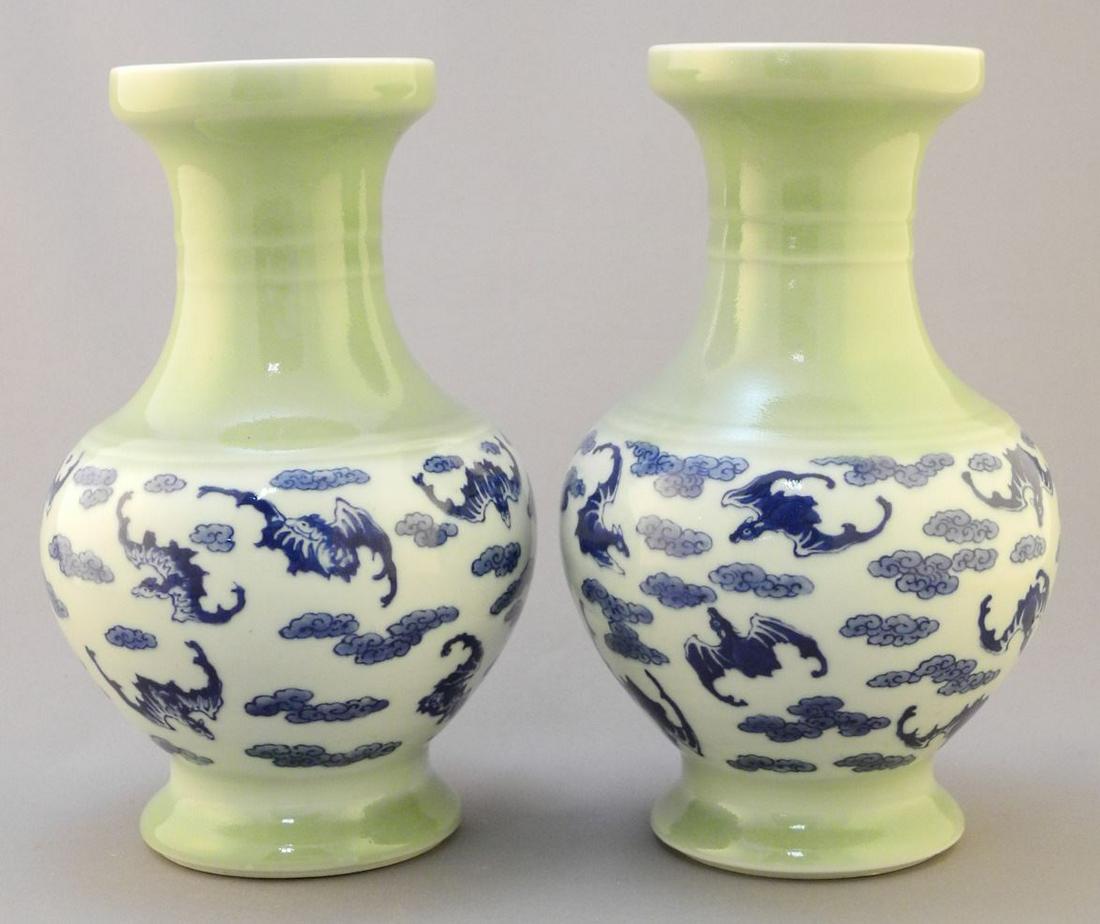Pair of Chinese Porcelain "Bats" Vases, Qianlong Mark, 7 7/8" H.: Pair of Chinese Porcelain "Bats" Vases, Qianlong Mark, 7 7/8" H.