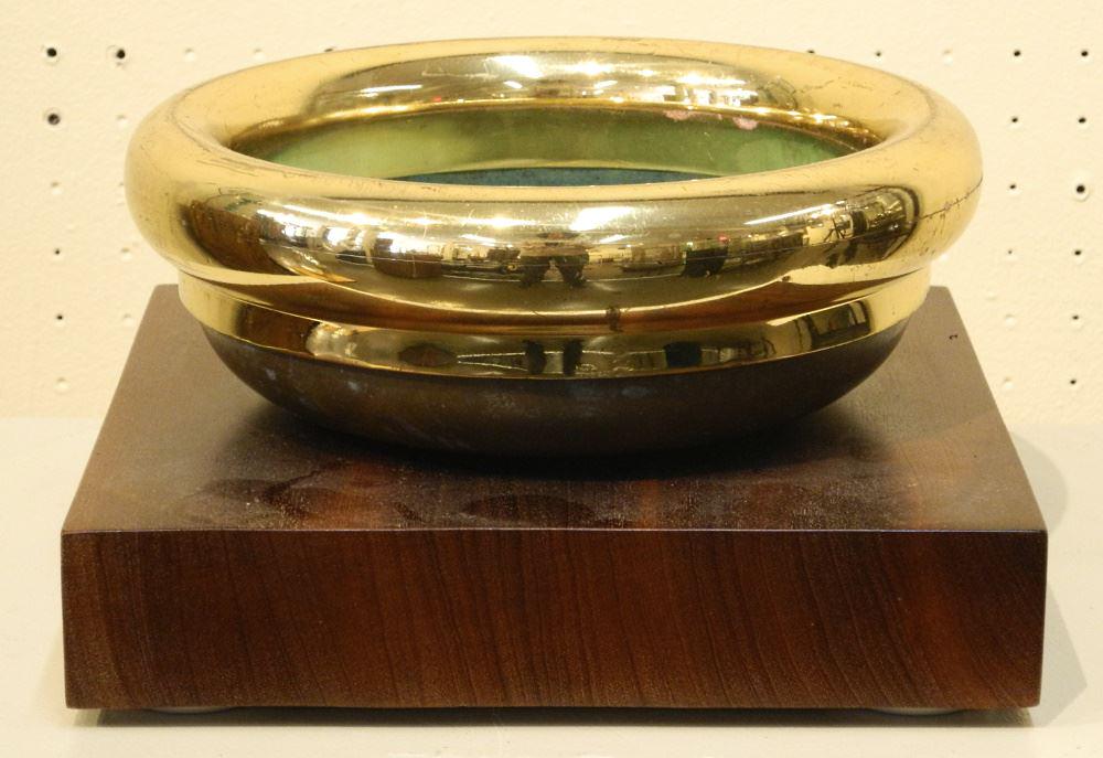 Brass Dish Assembly on Mahogany Plinth Signed Darcy (Gould) 2015, 5 1/4 x 9 3/4 x 9 3/4". (1 of 5)