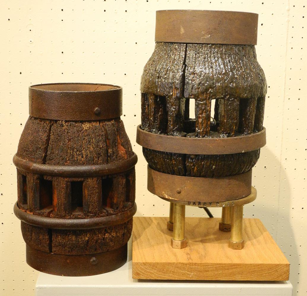 2 Antique Wheel Hubs with One Lamp Mounted  on Bronze & Oak Base, Signed Darcy (Gould), 23" (1 of 10)
