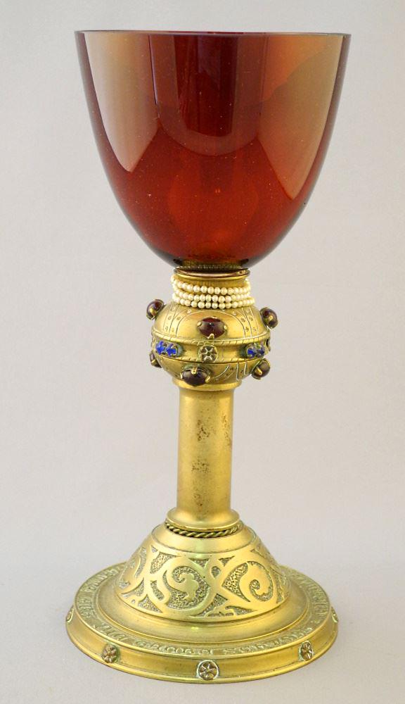 German Brass and Ruby Glass Ecclesiastical Chalice, 9 7/8".: German Brass and Ruby Glass Ecclesiastical Chalice, 9 7/8".