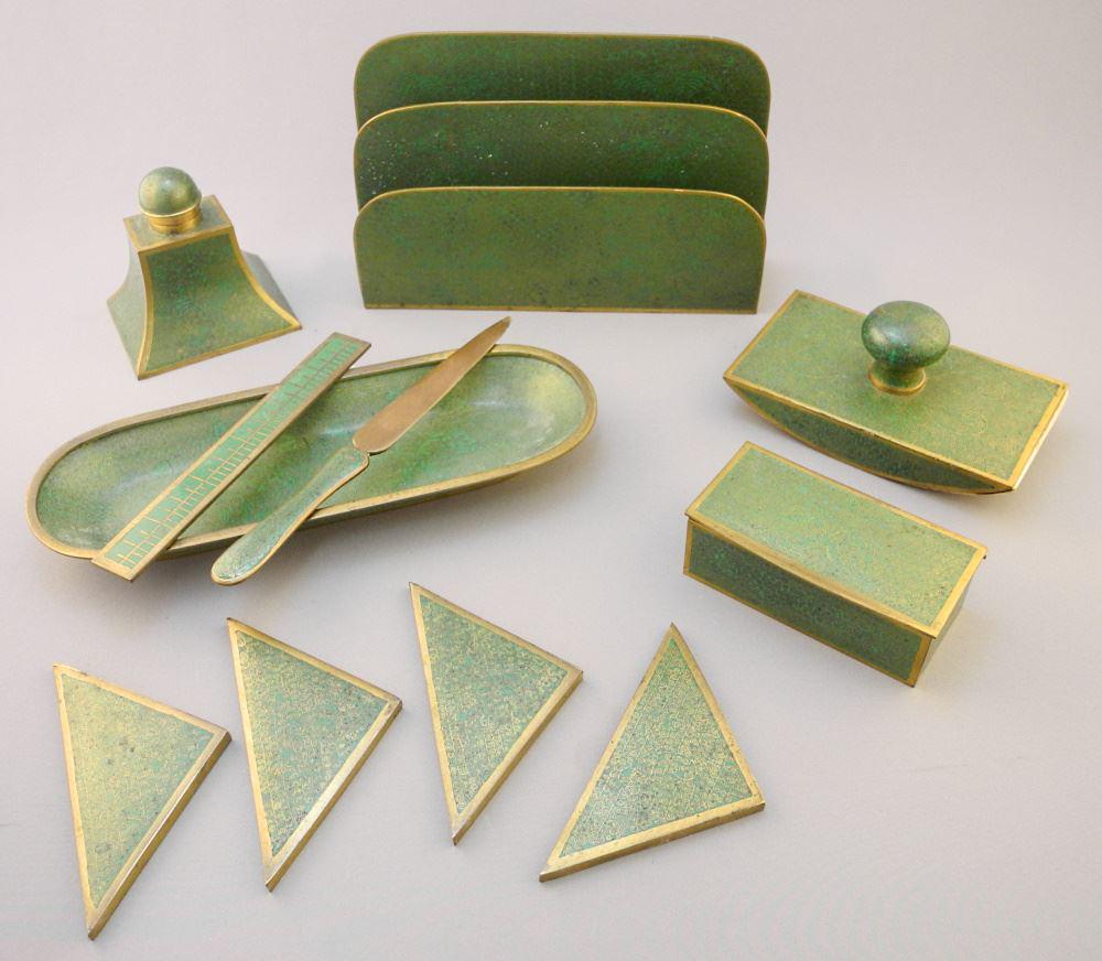 6 Pc. Chinese Green Ground Cloisonne Desk set, Letter Rack 7 5/8" wide. (1 of 6)