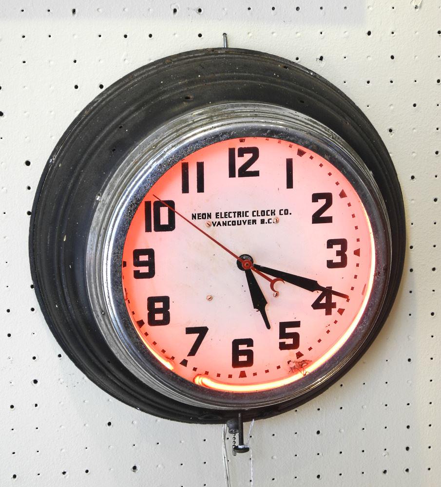 Neon Electric Clock Co. Vancouver B.c. Wall Clock, 5 1/2" X 16". Auction
