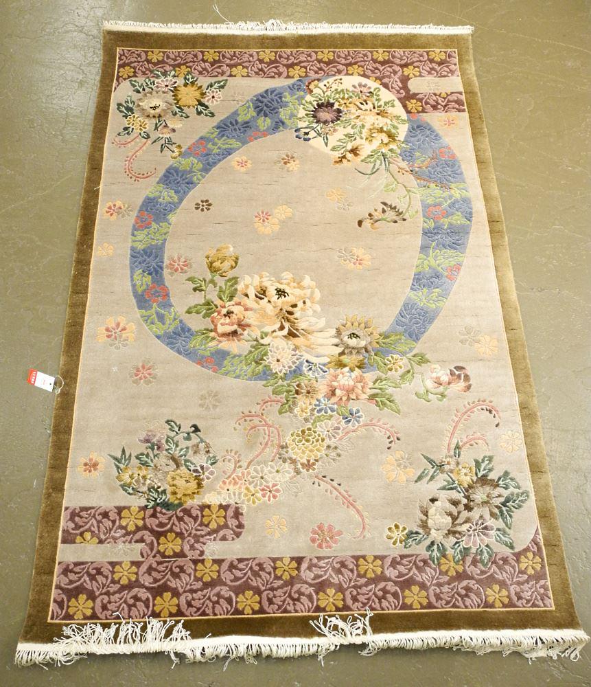Hand Knotted Silk Carpet with Chinese Floral Design, Approx. 6'7" x 4'. (1 of 8)