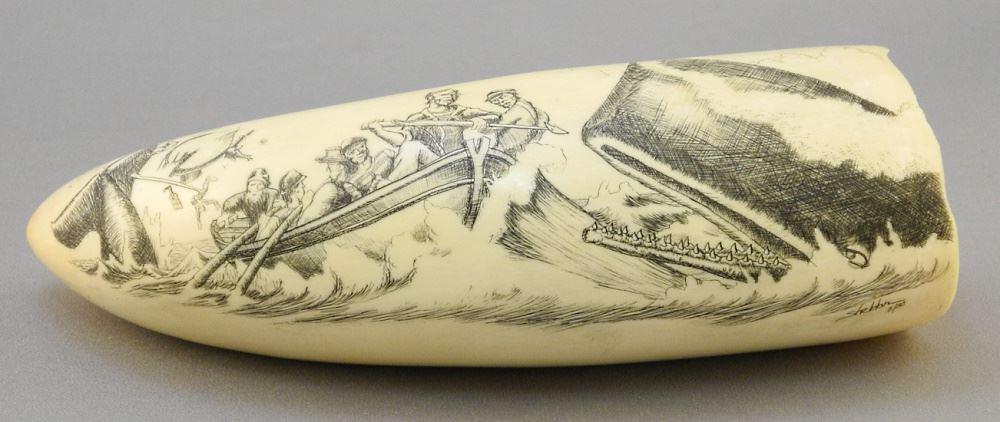 Scrimshaw Whale's Tooth Signed Sheldon 2/80, 6"l, "Whaling Scene", No Export.: Scrimshaw Whale's Tooth Signed Sheldon 2/80, 6"l, "Whaling Scene", No Export.