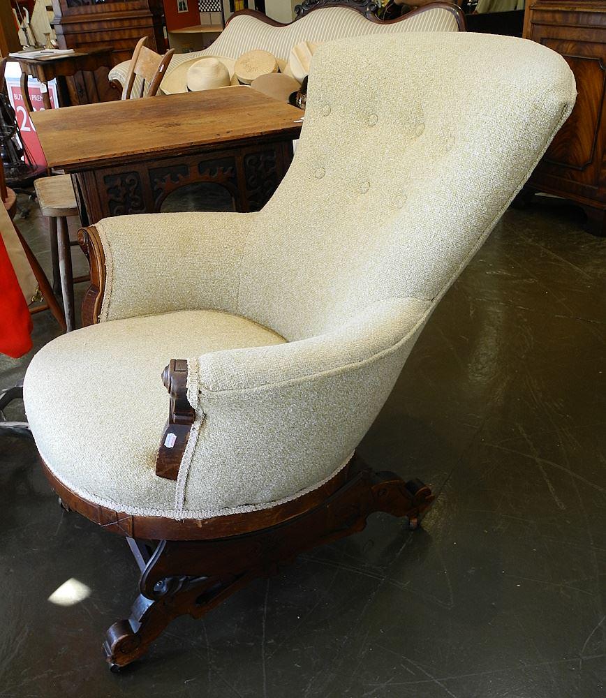 East Lake Walnut Platform Rocking Chair with Later Upholstery. -: East Lake Walnut Platform Rocking Chair with Later Upholstery. -