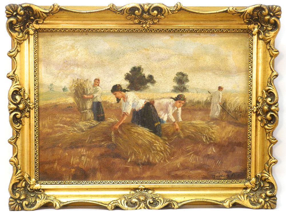 Oil on Board Attr. to Kardos Gabor (Budapest), 9 1/4 X 13 1/8". "Harvesting".: Oil on Board Attr. to Kardos Gabor (Budapest), 9 1/4 X 13 1/8". "Harvesting".