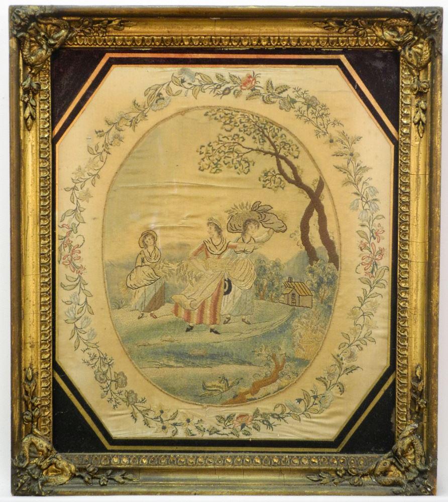 18th Century Silk Needlework, 15 3/8" x 13 3/4", "Three Figures". (1 of 3)
